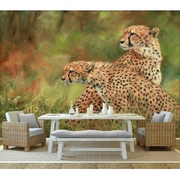 Papier peint animaux sauvages issu d'un tableau d'artiste - Les 2 guépards dans la savane