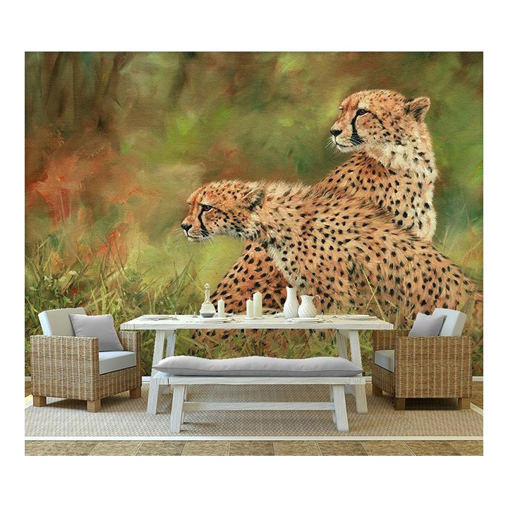 Papier peint animaux sauvages issu d'un tableau d'artiste - Les 2 guépards dans la savane