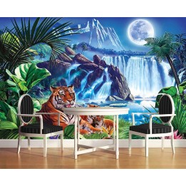 Papier peint photo animaux sauvages issu d'un tableau d'artiste - La famille tigre au bord de la chute d'eau dans la nuit