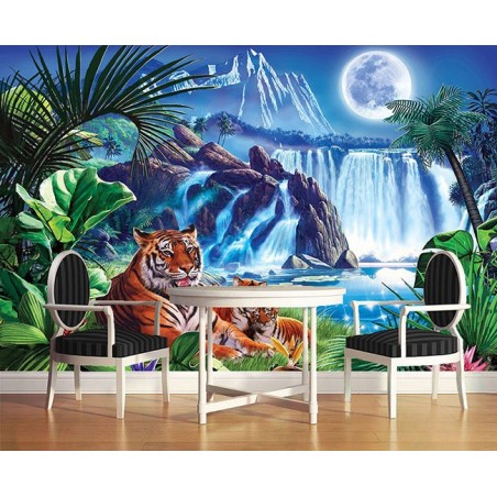 Papier peint photo animaux sauvages issu d'un tableau d'artiste - La famille tigre au bord de la chute d'eau dans la nuit