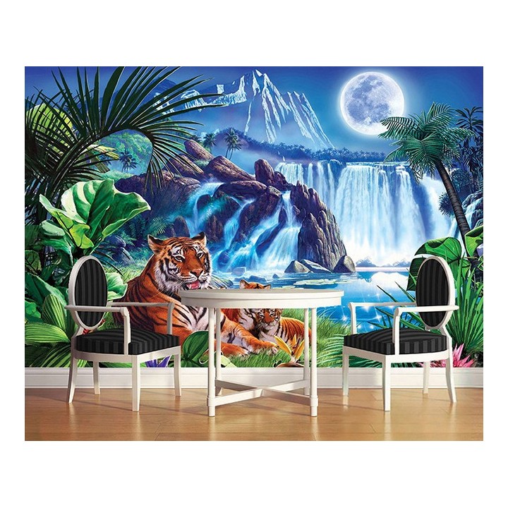 Papier peint photo animaux sauvages issu d'un tableau d'artiste - La famille tigre au bord de la chute d'eau dans la nuit