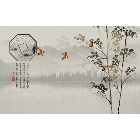 Papier peint japonais paysage zen - Les bambous et les oiseaux sur fond gris