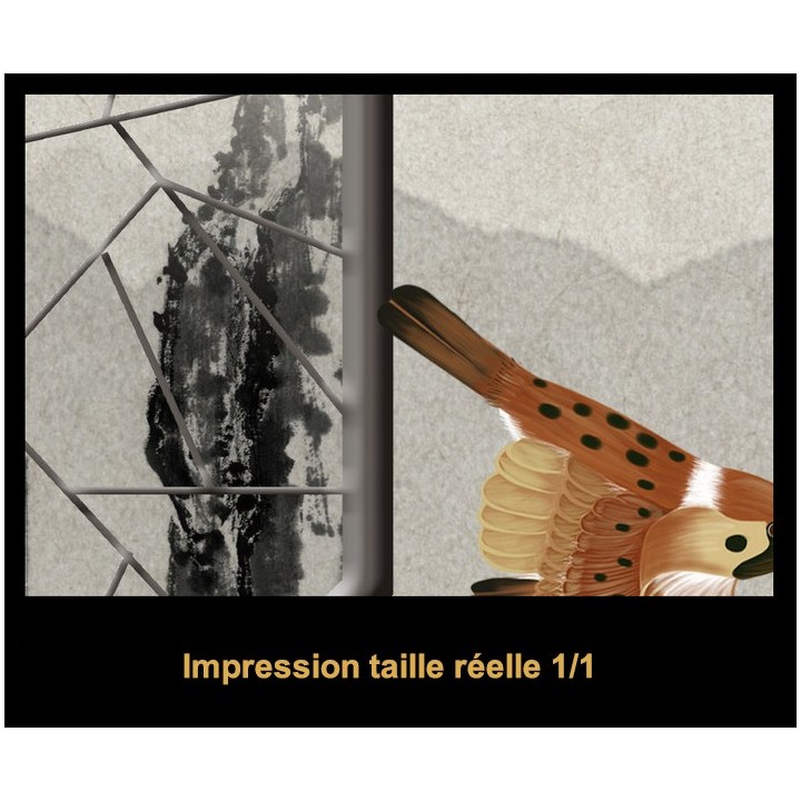 Papier peint japonais paysage zen - Les bambous et les oiseaux sur fond gris