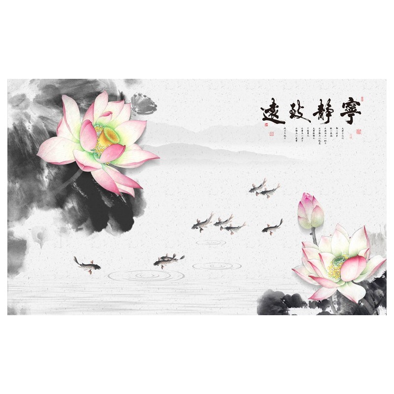 Papier peint japonais paysage zen - Les lotus roses et les poissons sur fond gris