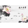 Papier peint japonais paysage zen - Les lotus roses et les poissons sur fond gris