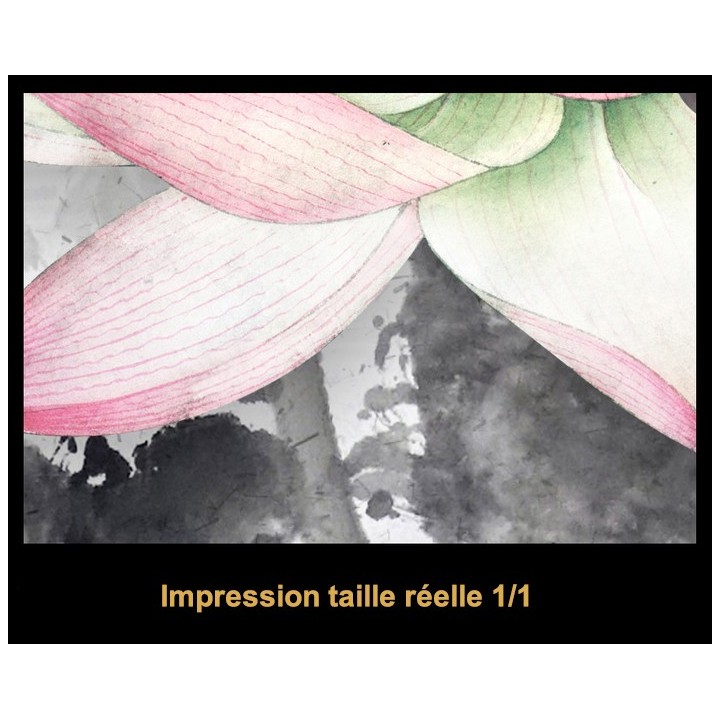 Papier peint japonais paysage zen - Les lotus roses et les poissons sur fond gris