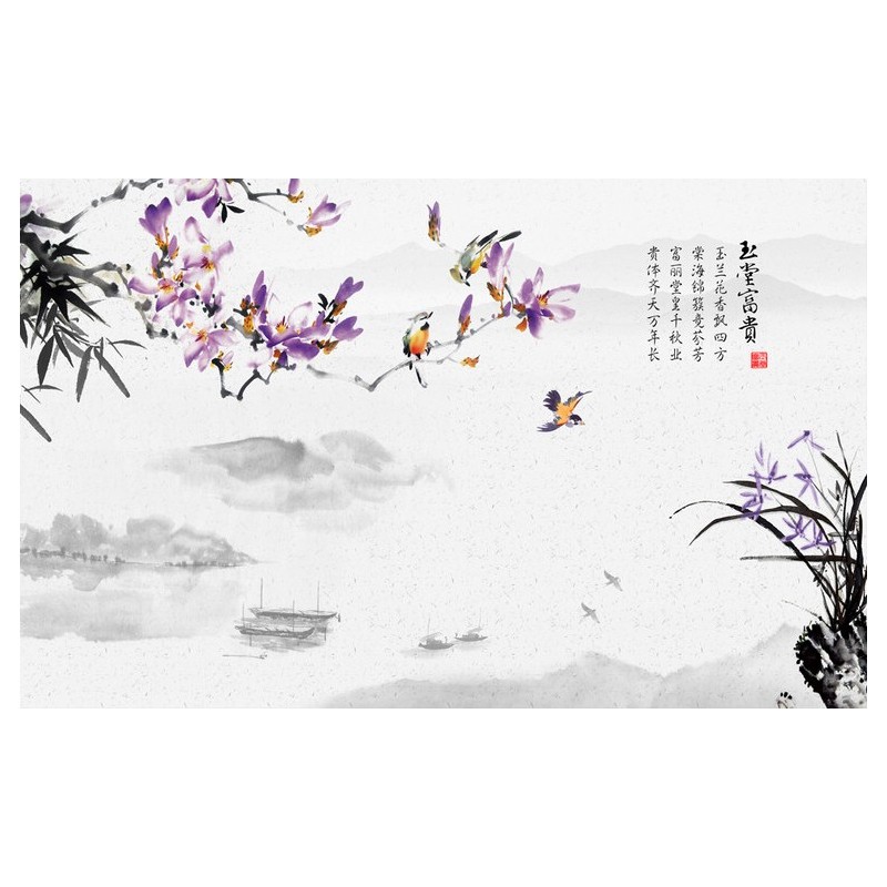 Papier peint chinois paysage zen - Les magnolias violets, les orchidée et les bambous