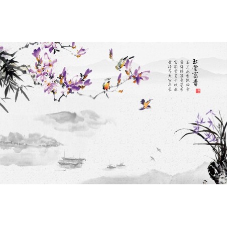 Papier peint chinois paysage zen - Les magnolias violets, les orchidée et les bambous