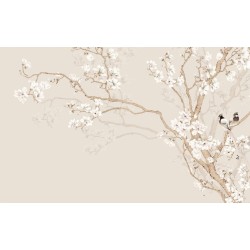 Tapisserie asiatique fleurs et oiseaux - Les magnolias blancs et les oiseaux sur fond beige