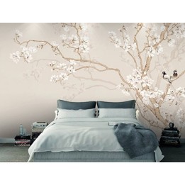 Tapisserie asiatique fleurs et oiseaux - Les magnolias blancs et les oiseaux sur fond beige