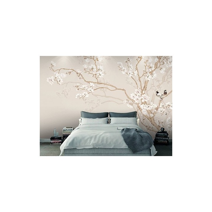 Tapisserie asiatique fleurs et oiseaux - Les magnolias blancs et les oiseaux sur fond beige