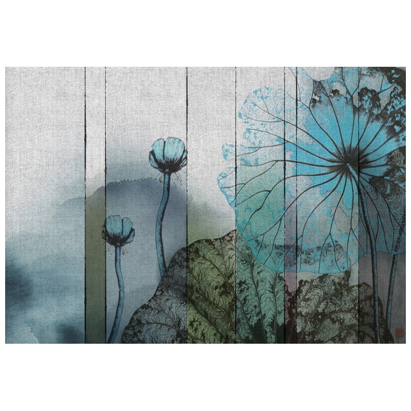 Tapisserie japonaise zen aspect ancien effet sur textile - Les lotus bleus