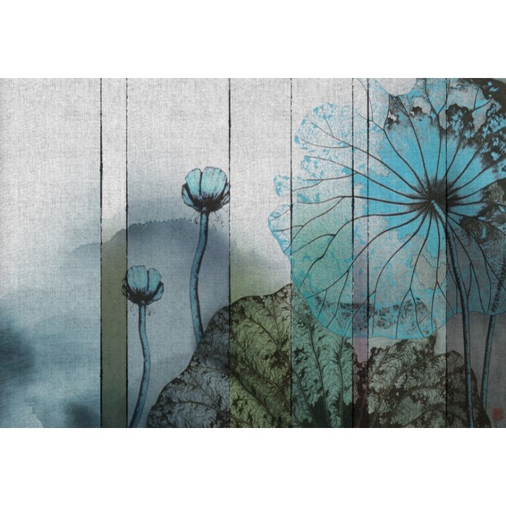Tapisserie japonaise zen aspect ancien effet sur textile - Les lotus bleus