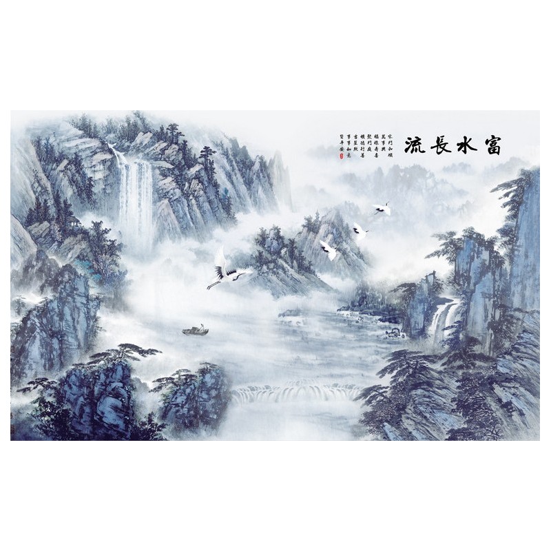 Paysage asiatique ton bleu porcelaine - La montagne avec les chutes d'eau