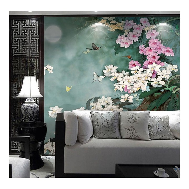 Tapisserie asiatique fleurs et oiseaux - Les orchidées, les papillons et les oiseaux blancs