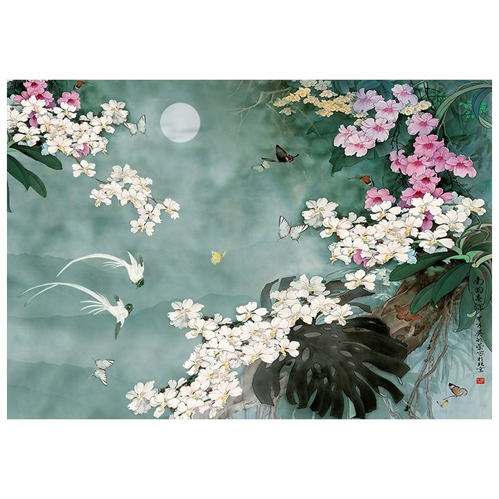 Tapisserie asiatique fleurs et oiseaux - Les orchidées, les papillons et les oiseaux blancs