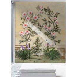 Tapisserie asiatique fleurs et oiseaux effet bas relief