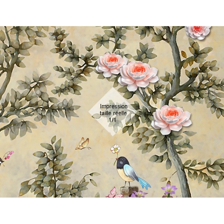 Tapisserie asiatique fleurs et oiseaux effet bas relief