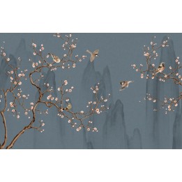 Tapisserie asiatique - Paysage avec les fleurs et les oiseaux fond bleu gris