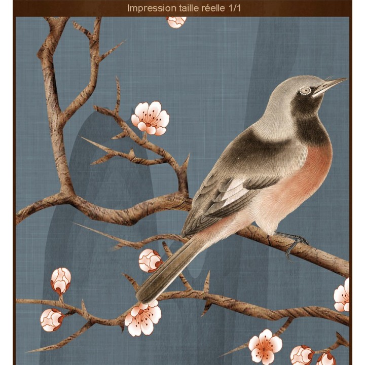 Tapisserie asiatique - Paysage avec les fleurs et les oiseaux fond bleu gris