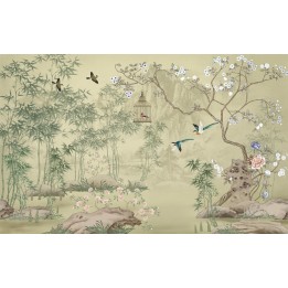 Tapisserie asiatique zen - Paysage avec les fleurs, les oiseaux et les bambous