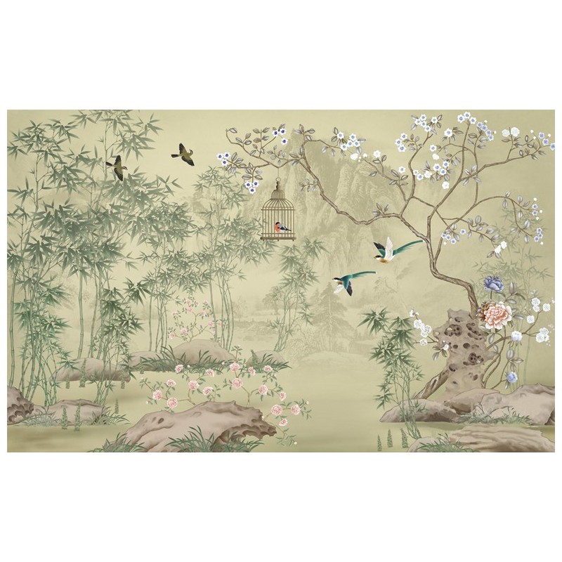Tapisserie asiatique zen - Paysage avec les fleurs, les oiseaux et les bambous