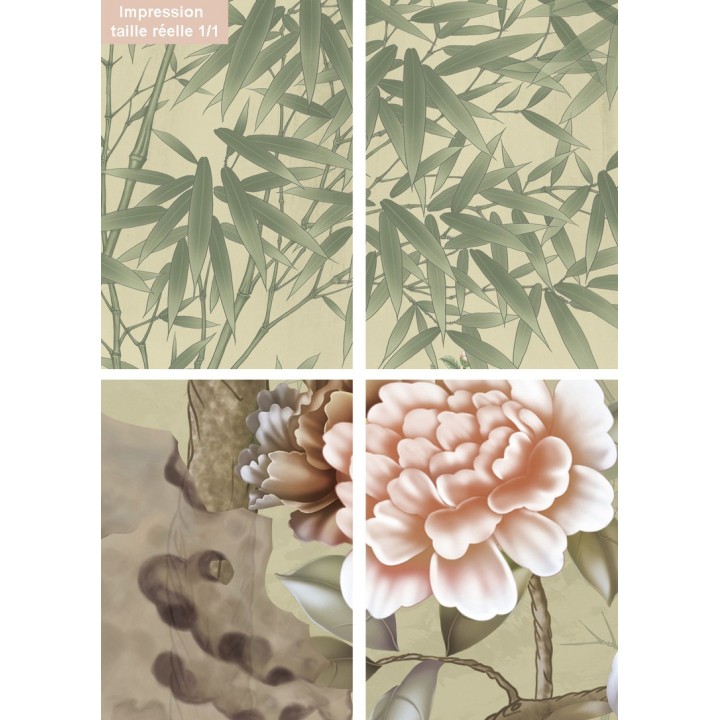 Tapisserie asiatique zen - Paysage avec les fleurs, les oiseaux et les bambous