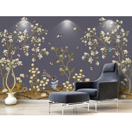Tapisserie asiatique zen - Les magnolias et les oiseaux sur fond violet foncé