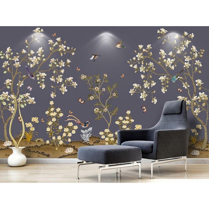 Tapisserie asiatique zen - Les magnolias et les oiseaux sur fond violet foncé