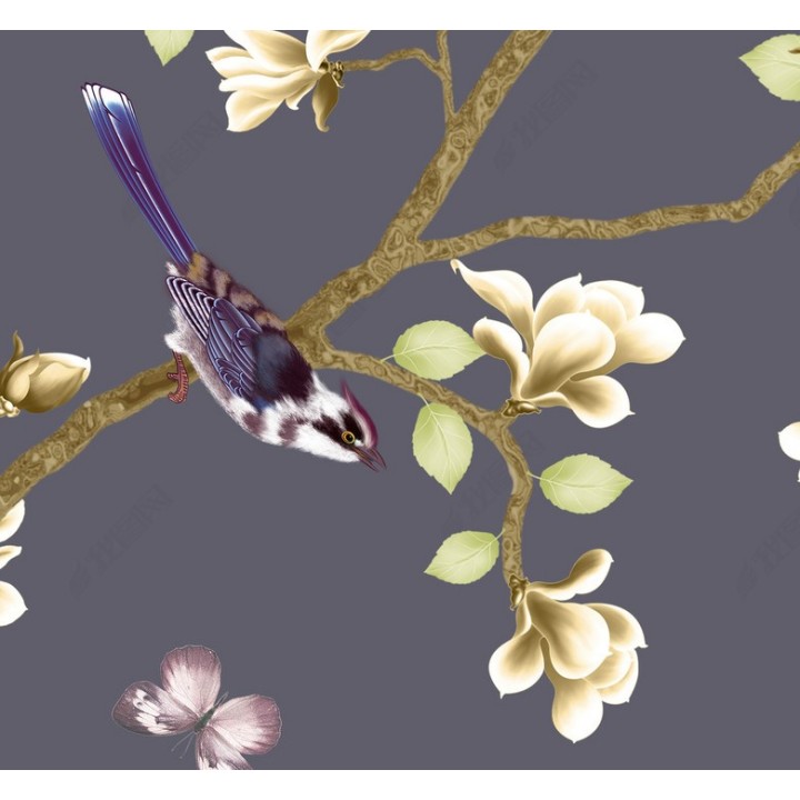 Tapisserie asiatique zen - Les magnolias et les oiseaux sur fond violet foncé