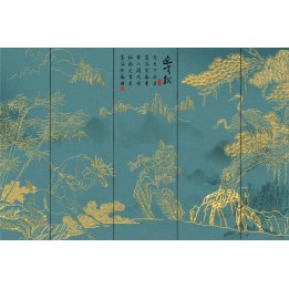 Papier peint japonais réalisé avec les traits dorés - Les grues du Japon, les bambous et les cerfs
