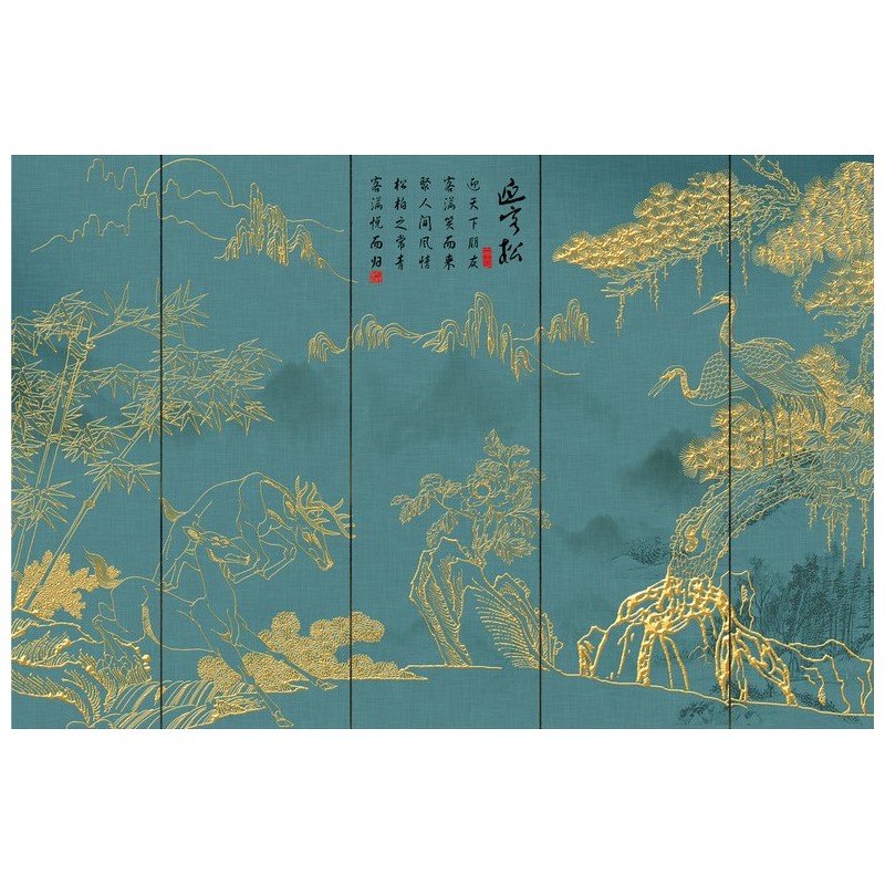 Papier peint japonais réalisé avec les traits dorés - Les grues du Japon, les bambous et les cerfs