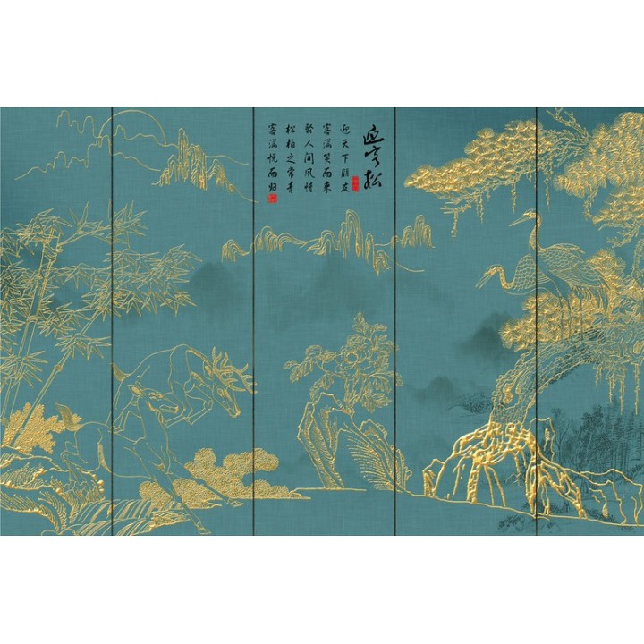 Papier peint japonais réalisé avec les traits dorés - Les grues du Japon, les bambous et les cerfs