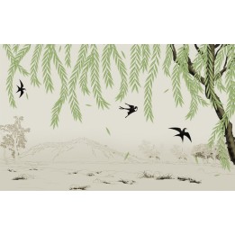 Tête de lit panoramique paysage de printemps - Le saule pleureur et les hirondelles