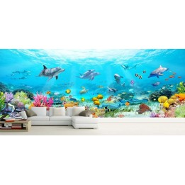 Décoration murale grand panoramique paysage fond marin - Les daupins, les coraux et les poissons