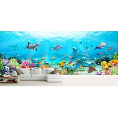 Décoration murale grand panoramique paysage fond marin - Les daupins, les coraux et les poissons