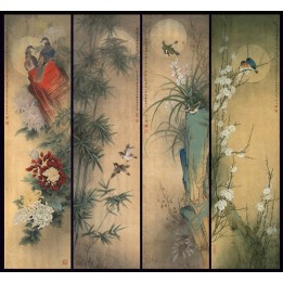Peinture asiatique ancienne - Paravent aux fleurs et aux oiseaux de 4 saisons