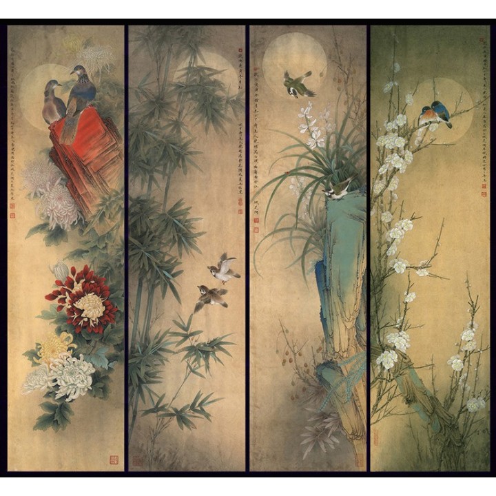 Peinture asiatique ancienne - Paravent aux fleurs et aux oiseaux de 4 saisons