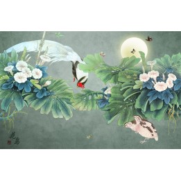Peinture asiatique zen - Les ipomées, le faisant et les papillons