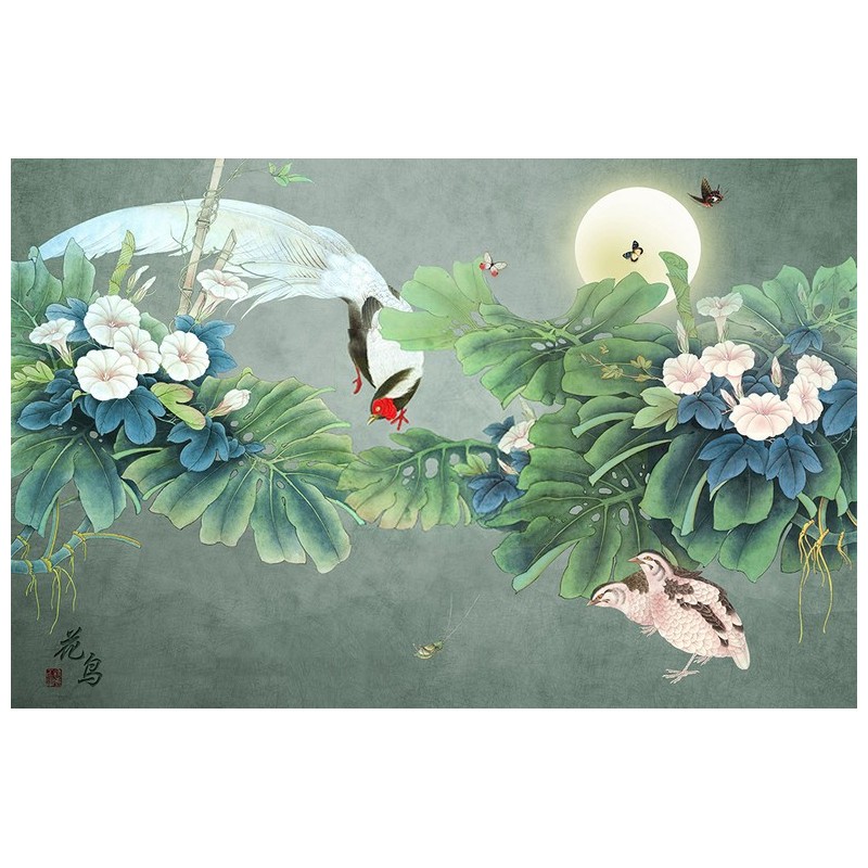 Peinture asiatique zen - Les ipomées, le faisant et les papillons