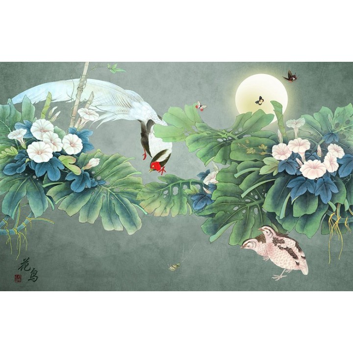 Peinture asiatique zen - Les ipomées, le faisant et les papillons