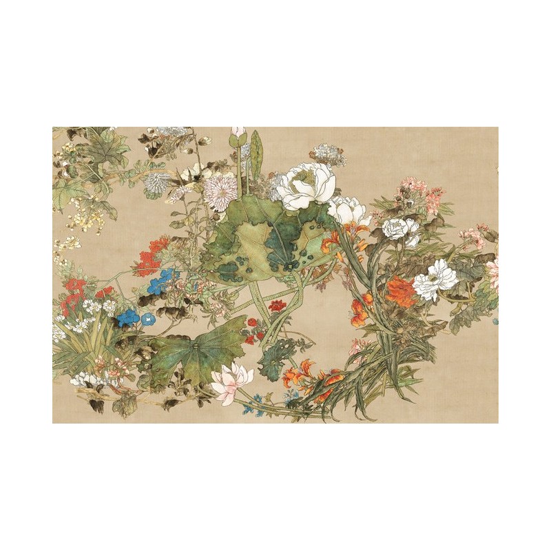 Peinture asiatique aspect ancien tapisserie florale - Les fleurs florissantes