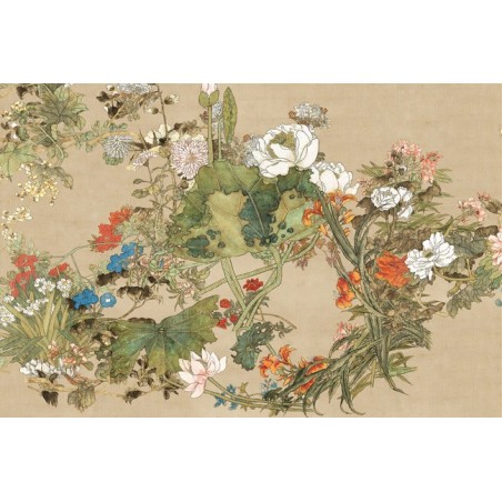 Peinture asiatique aspect ancien tapisserie florale - Les fleurs florissantes