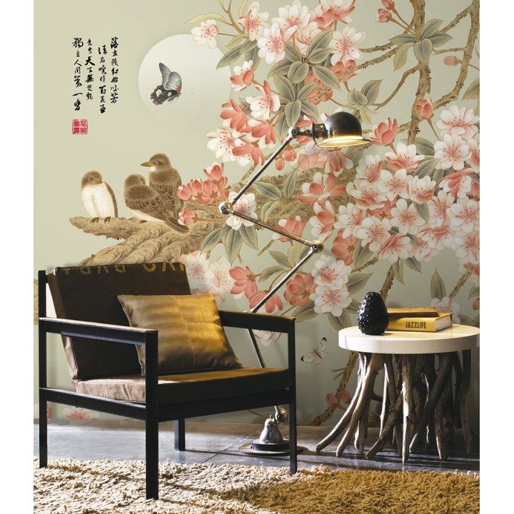Peinture asiatique zen fleurs et oiseaux - Les fleurs de cerisier, les oiseaux et les papillons dans la nuit