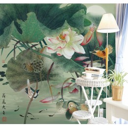 Papier peint asiatique zen : lotus, oiseaux, poissons et canards mandarins