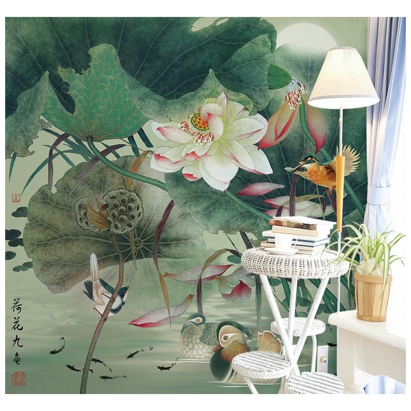 Papier peint asiatique zen - Les lotus, les oiseaux, les poissons et les canards mandarins dans la nuit