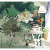 Papier peint asiatique zen - Les lotus, les oiseaux, les poissons et les canards mandarins dans la nuit