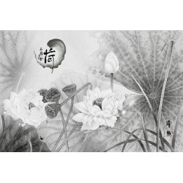 papier peint d'artiste chinois zen peinture à l'encre de chine en noir et blanc les lotus