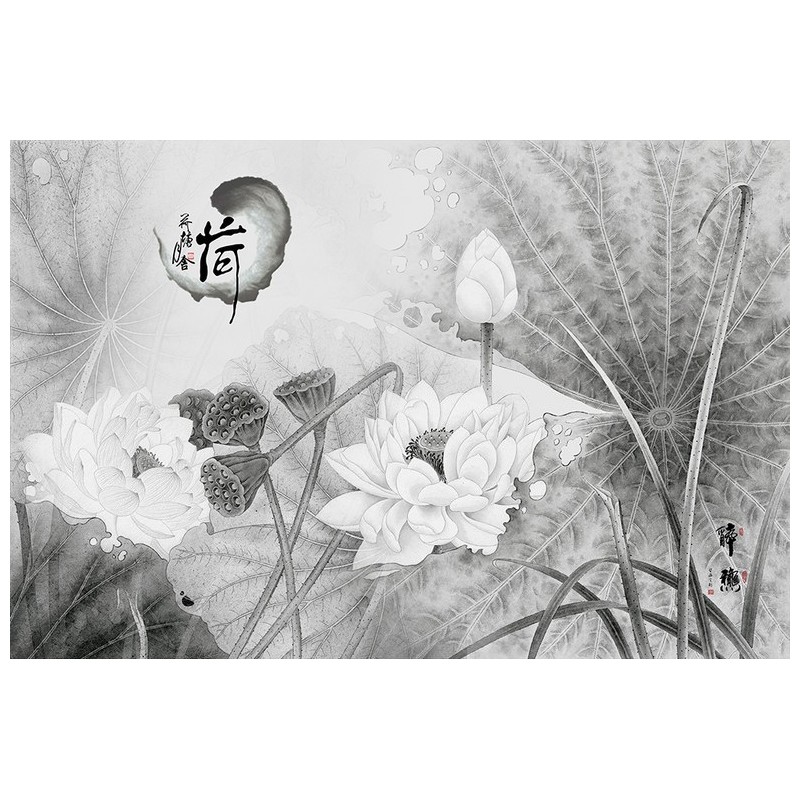 Tapisserie asiatique zen - Les lotus en noir et blanc
