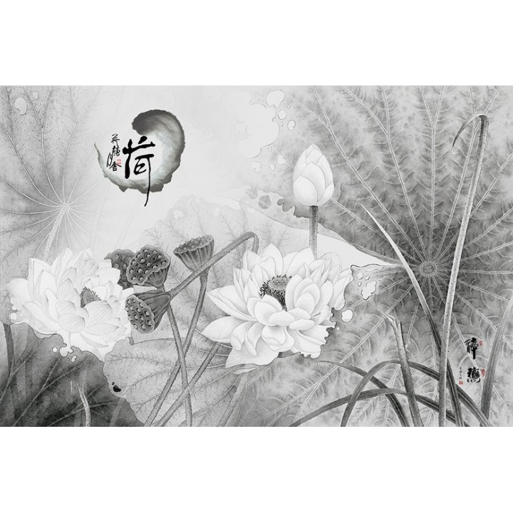 papier peint d'artiste chinois zen peinture à l'encre de chine en noir et blanc les lotus